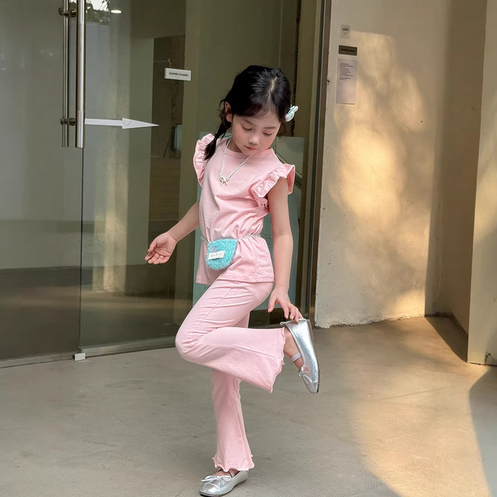 【90-140】ショルダーフリルノースリーブ×フレアパンツセット