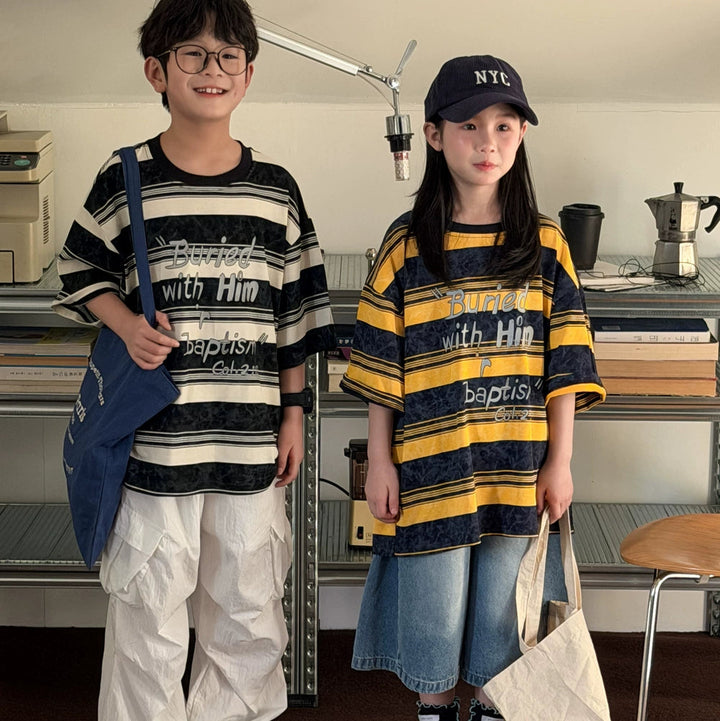 【100-150】英字ロゴデザインボーダー柄Tシャツ