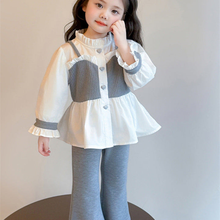 【90-140】レイヤード風シャツ×フレアパンツセット