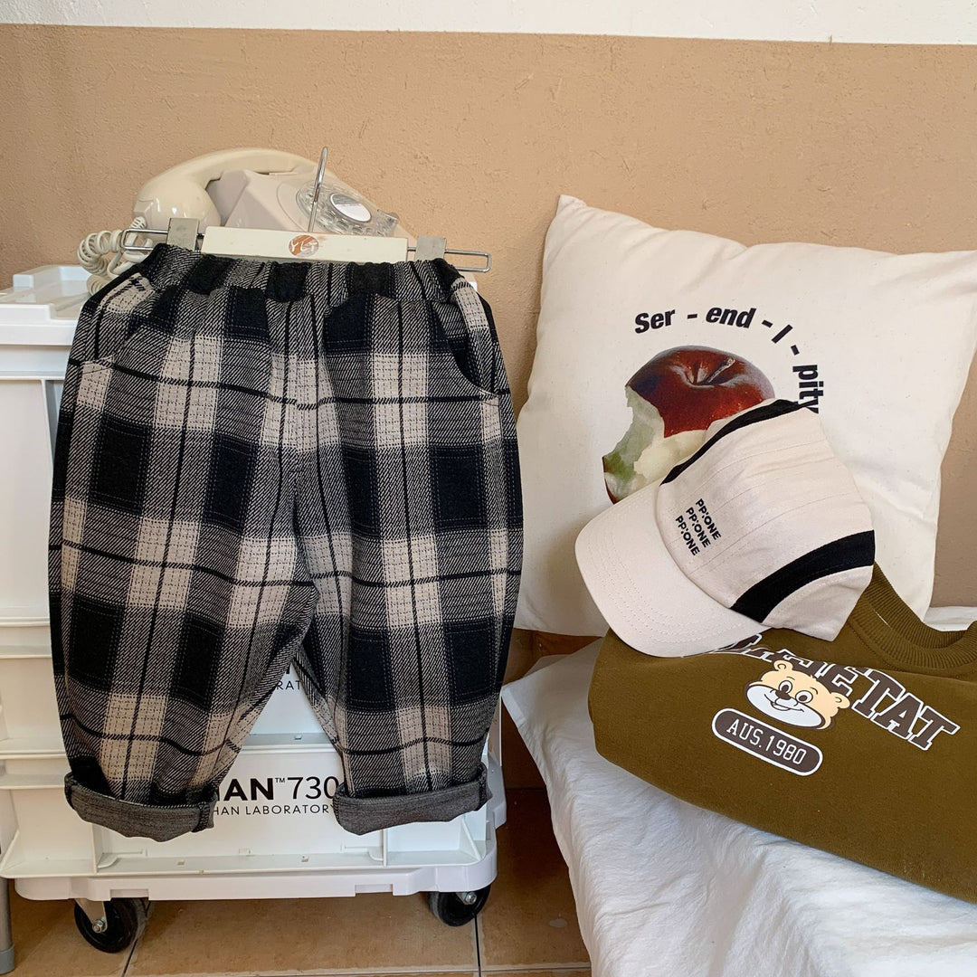 【90-140】チェック柄カジュアルパンツ