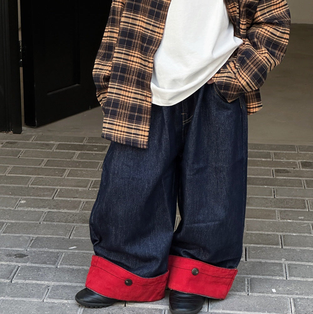 【90-150】裾折り返しストレートワイドデニム