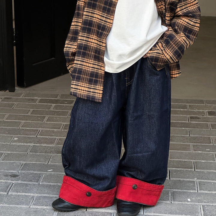 【90-150】裾折り返しストレートワイドデニム