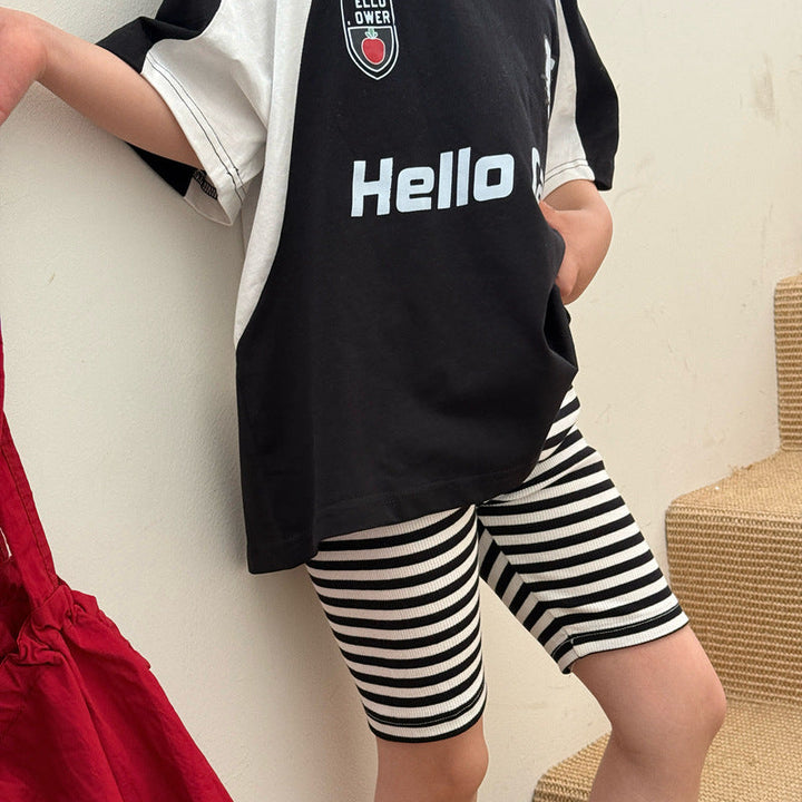 【120-150】ボーダー柄シンプルハーフレギンスパンツ