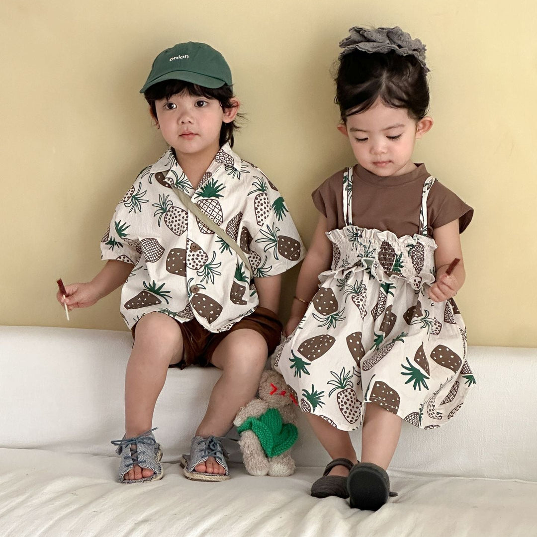 【80-150】パイナップル柄シャツ×ハーフパンツセット