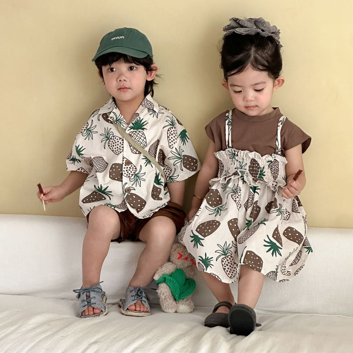 【80-150】パイナップル柄シャツ×ハーフパンツセット