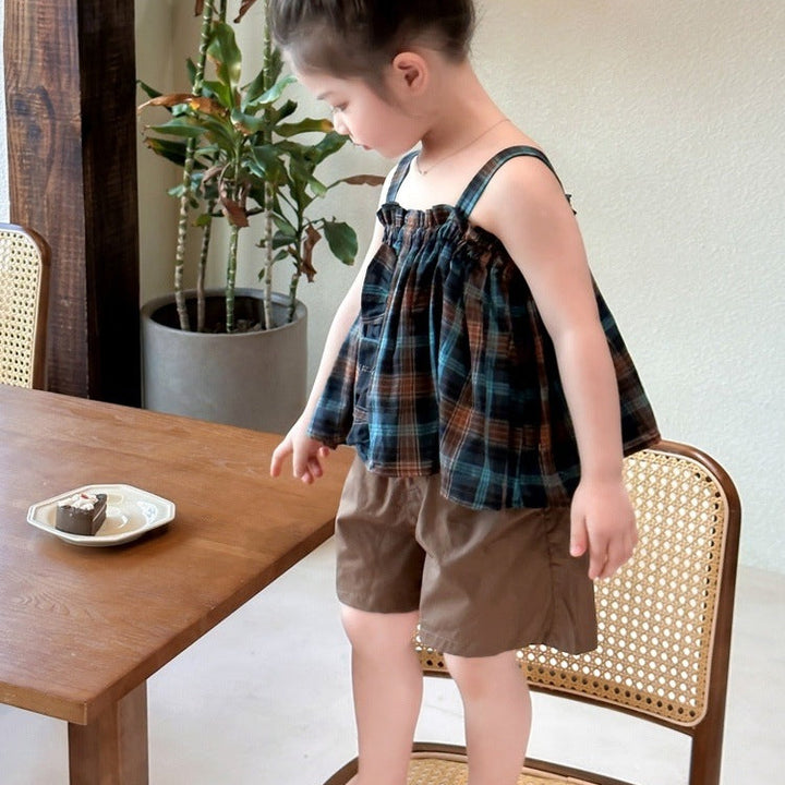 【90-140】チェック柄フリルデザイントップス×ハーフパンツセット