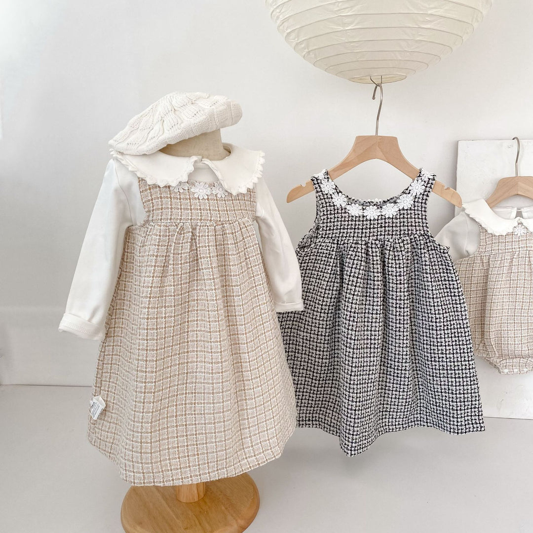 【80-130】フラワーモチーフチェック柄ワンピース