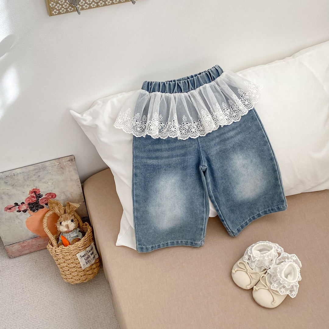 【73-120】レースレイヤード風ワイドデニムパンツ