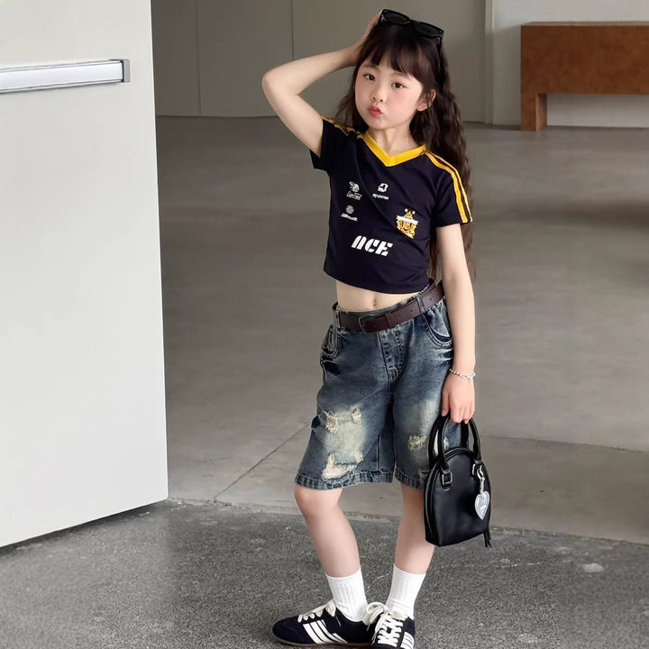 【100-150】ユニフォーム風VネックTシャツ