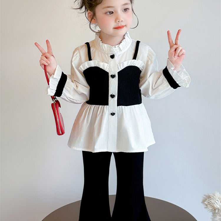 【90-140】レイヤード風シャツ×フレアパンツセット