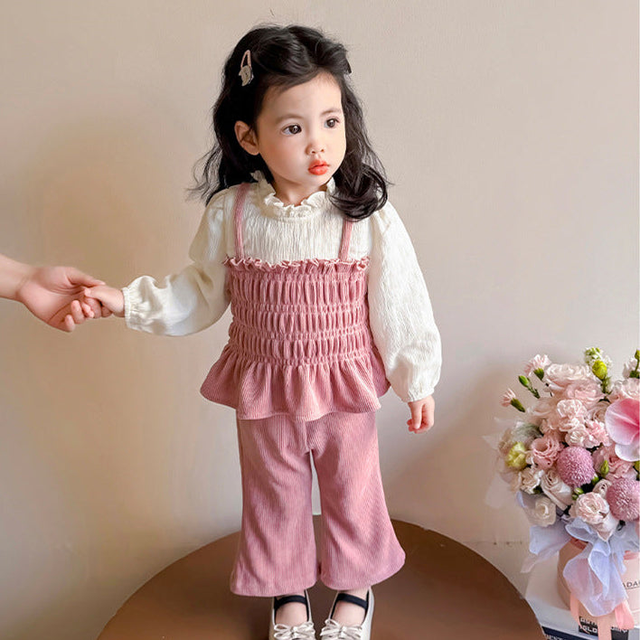 【90-140】レイヤード風トップス×フレアロングパンツセット