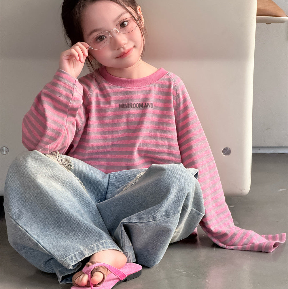 【90-150】ボーダーミニ英字ロゴ長袖Tシャツ