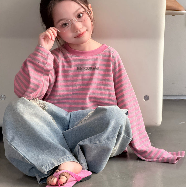 【90-150】ボーダーミニ英字ロゴ長袖Tシャツ