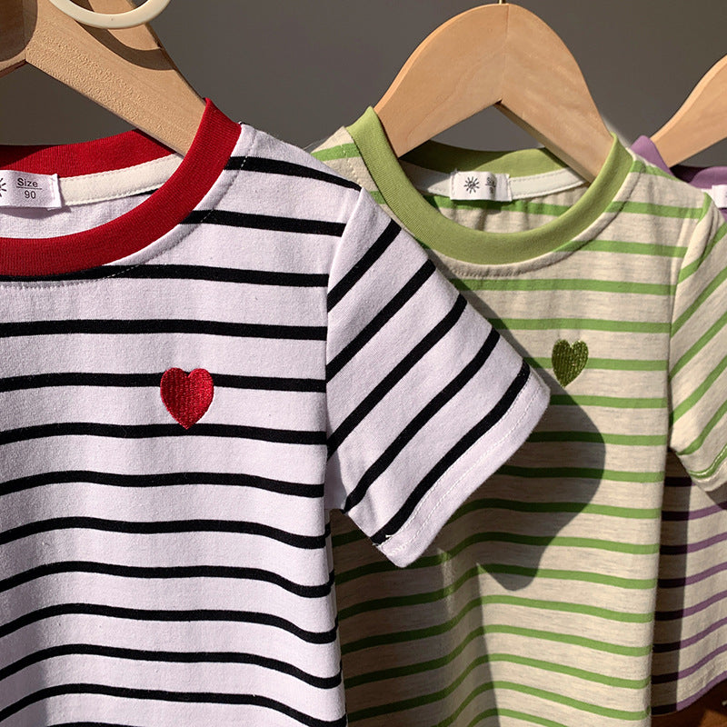 【90-150】ボーダー柄ワンポイントハートTシャツ