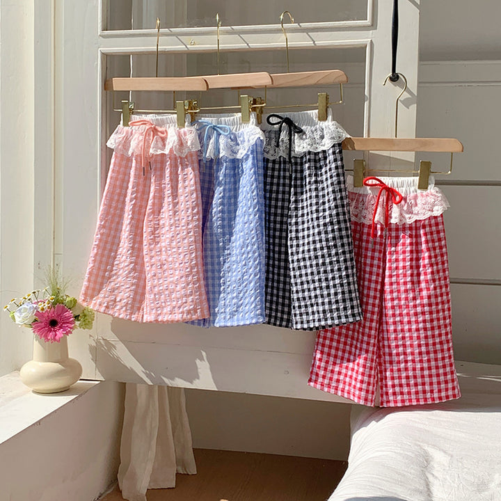 【90-150】ウエストレースギンガムチェックパンツ