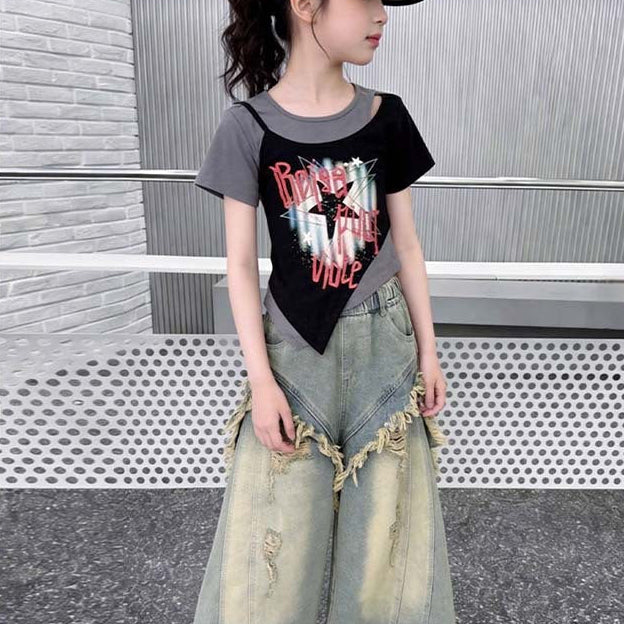 【120-150】カットオフデザインユーズド風デニムパンツ