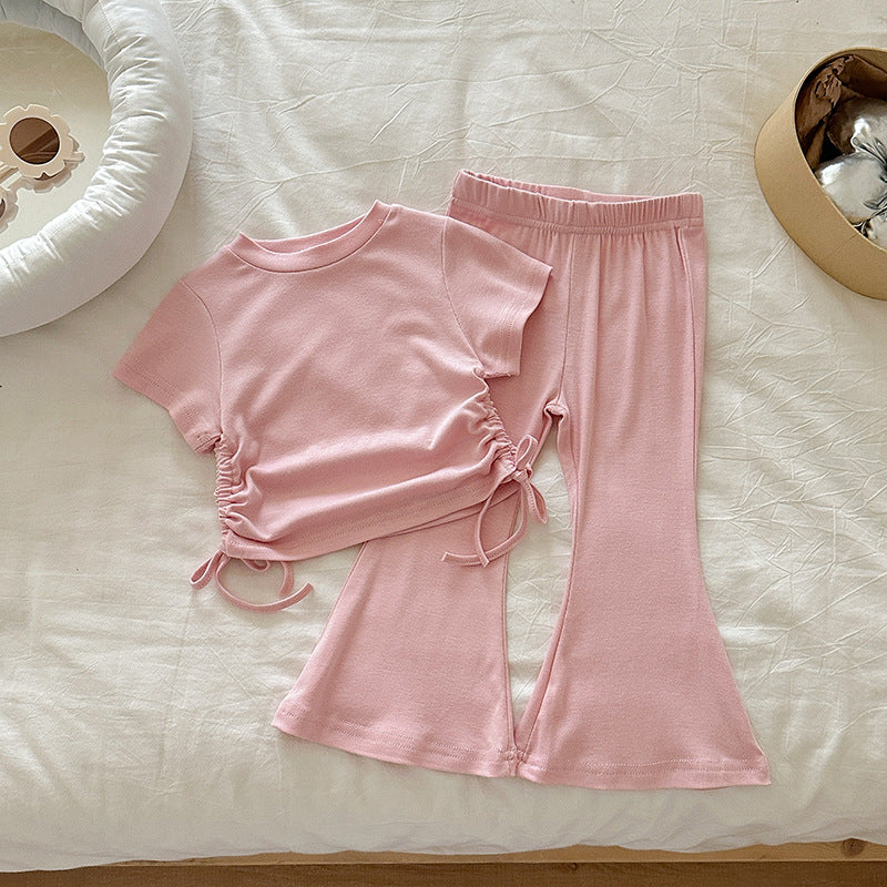 【90-140】ウエストシャーリングTシャツ×フレアパンツセット