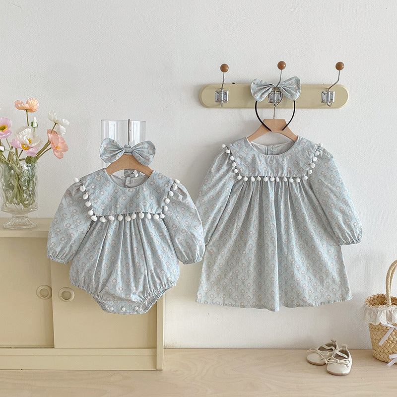 【90-140】ミニポンポンデザイン長袖ワンピース