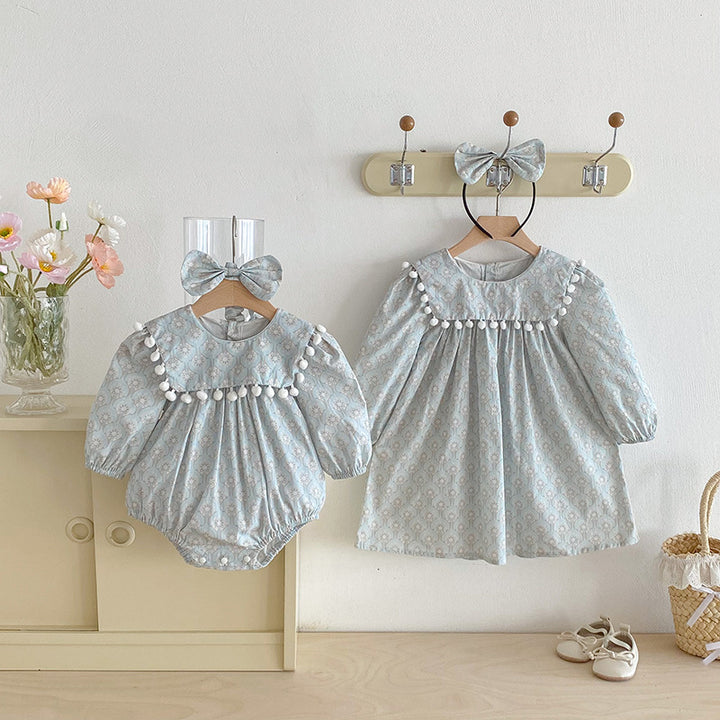 【90-140】ミニポンポンデザイン長袖ワンピース