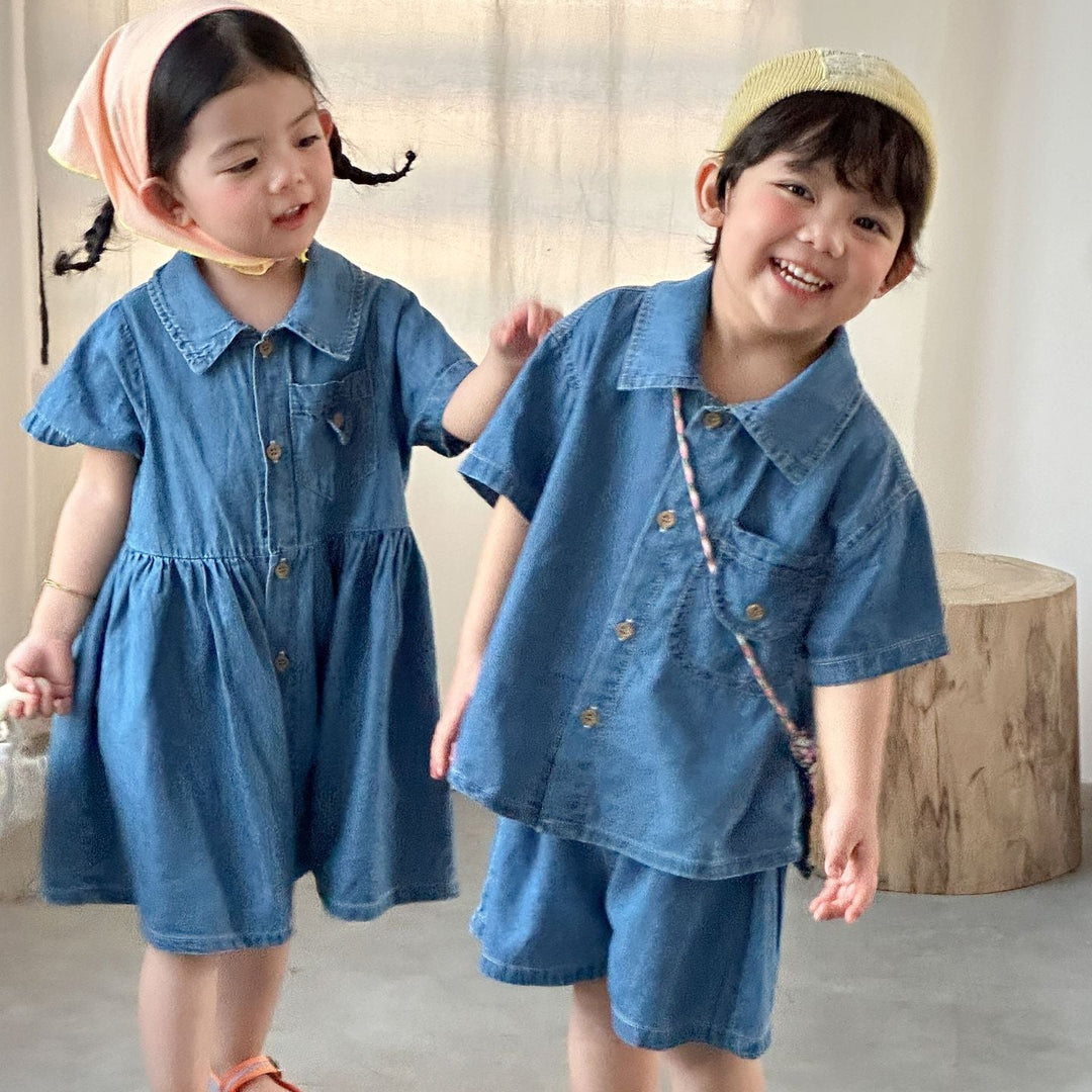【80-150】半袖デニムシャツワンピース