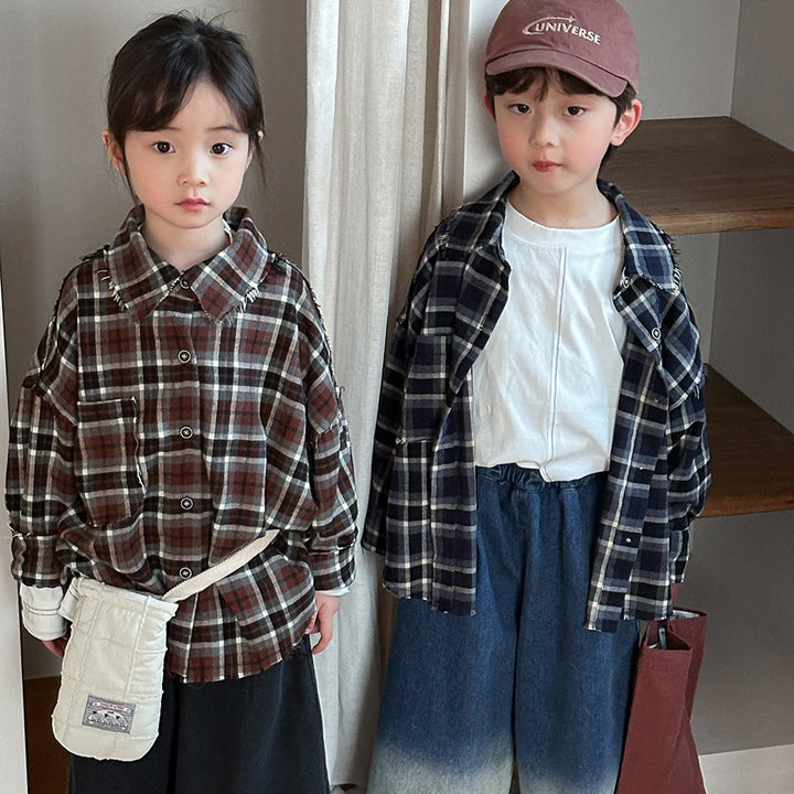 【80-140】カラーデザインチェック柄シャツ