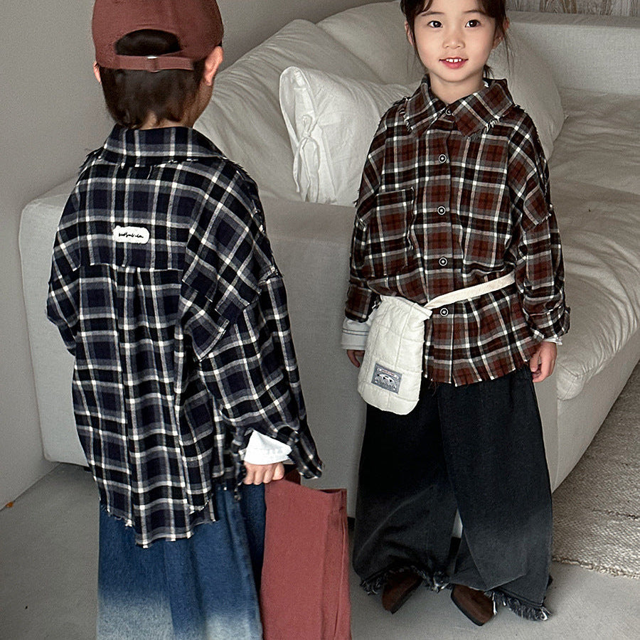 【80-140】カラーデザインチェック柄シャツ