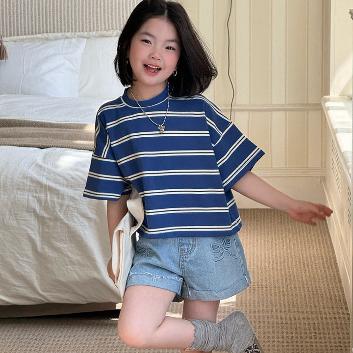 【120-150】ダブルリボンロールアップデニムショートパンツ