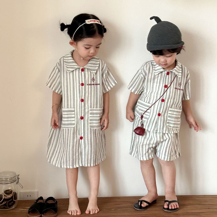 【80-150】ストライプデザイン半袖セットアップ