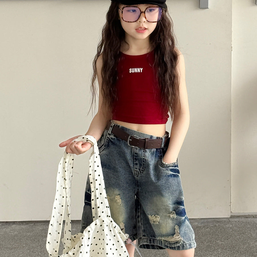 【100-150】ダメージ加工風ベルト付きハーフデニムパンツ