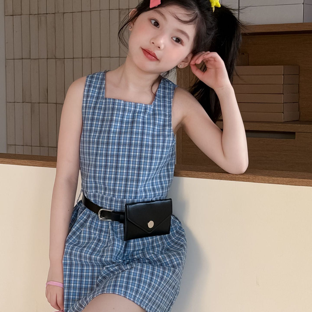 【100-150】チェック柄ノースリーブミニワンピース