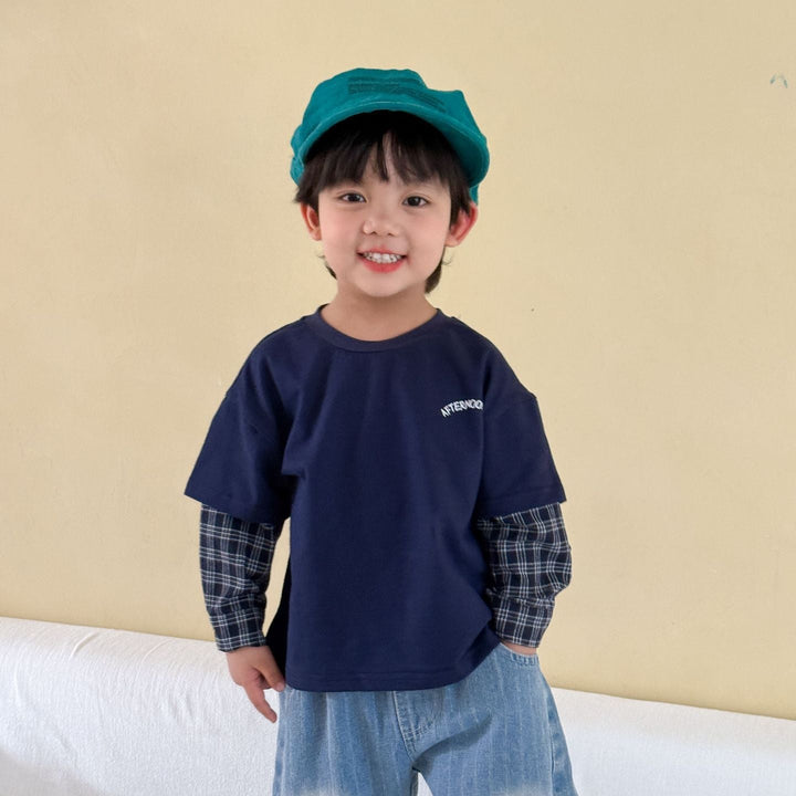 【80-150】バックプリントレイヤード風長袖Tシャツ