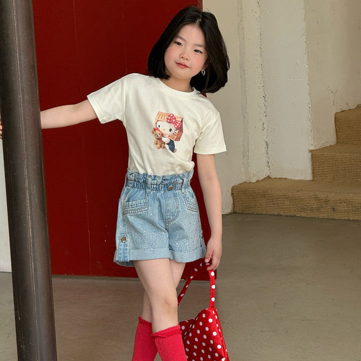 【120-150】ウエストギャザーラインストーンデニムショートパンツ