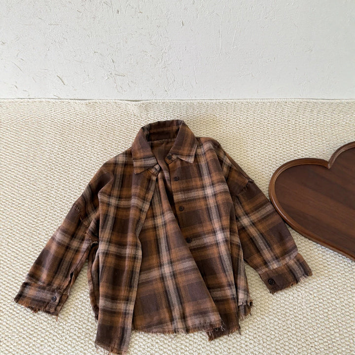 【100-150】裾フリンジチェック柄シャツ