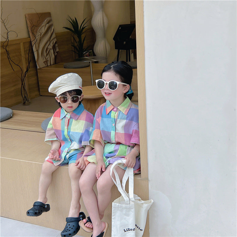 【90-140】カラフルチェックシャツセットアップ