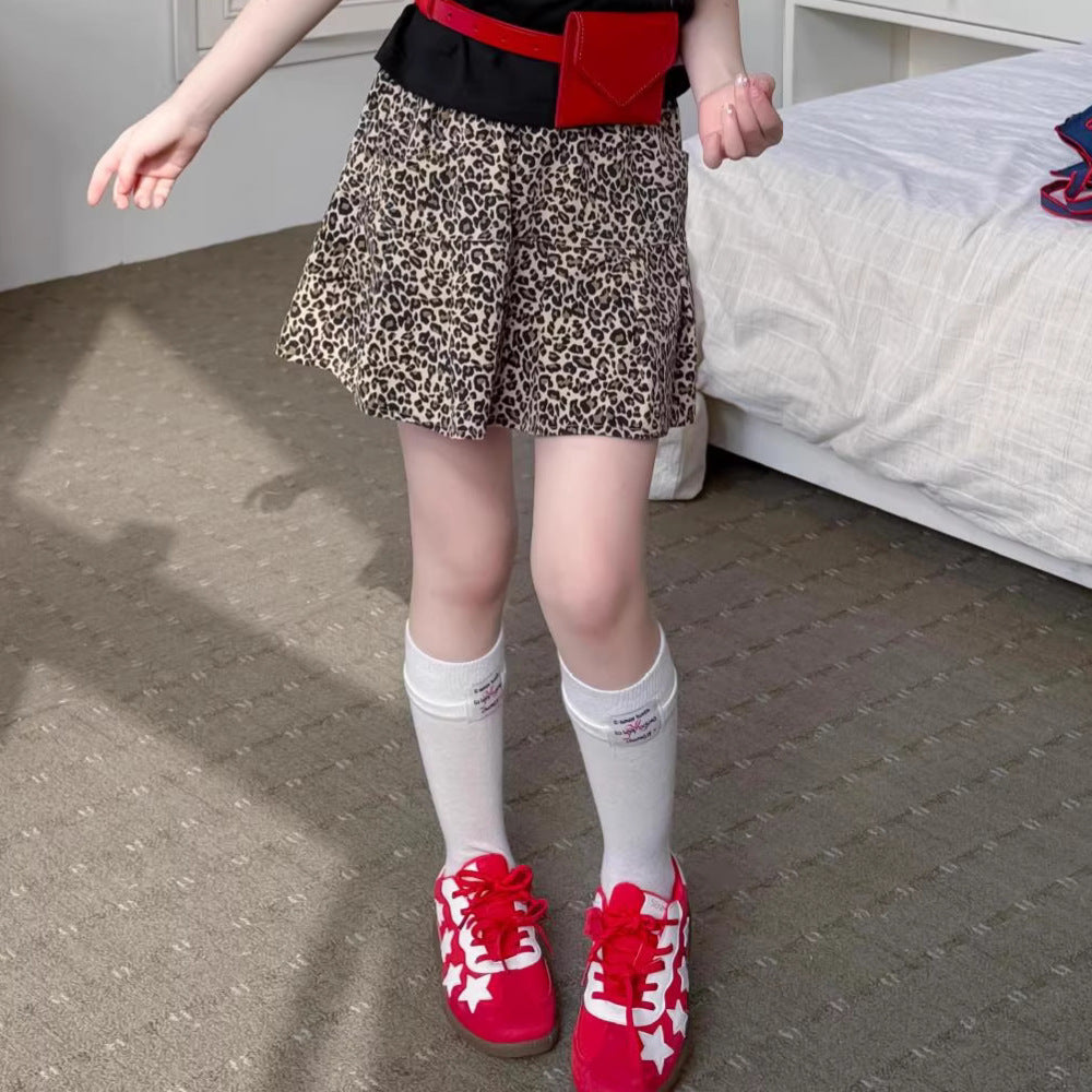【100-150】レオパード柄プリーツミニスカート