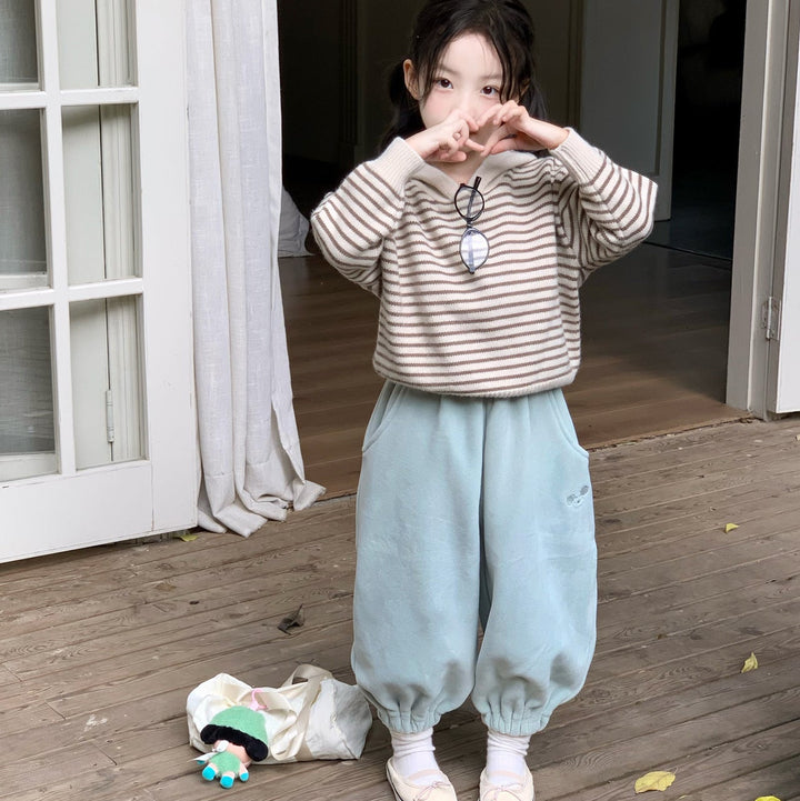 【90-140】ボーダー柄フーディーニット