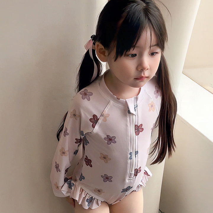 【90-140】花柄ロングスリーブスイムウェア