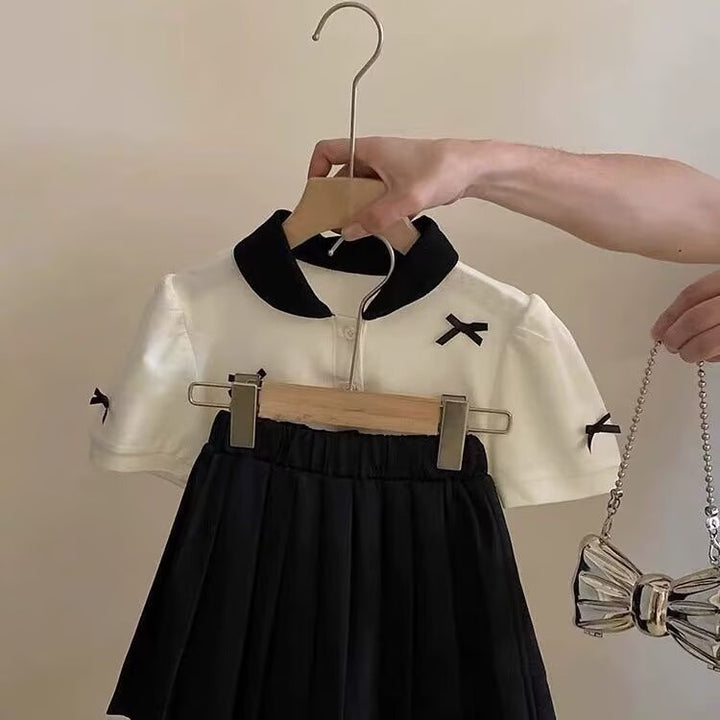 【90-150】リボンモチーフポロシャツ×プリーツスカートセット