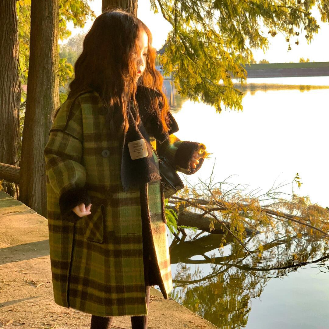 【90-140】裏ボアチェック柄ロングコート