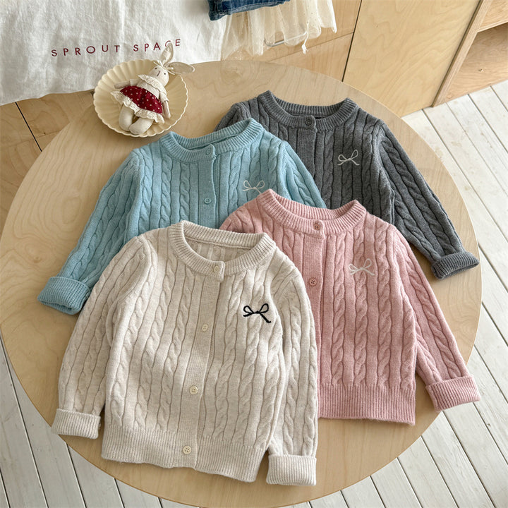 【90-140】ワンポイントリボンケーブル編みカーディガン