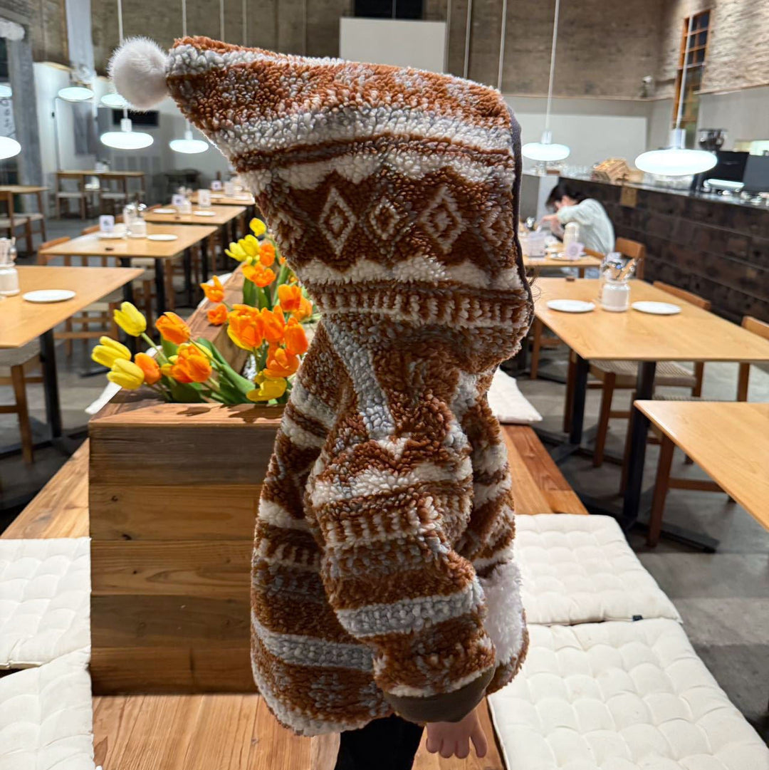 【90-140】ポンポン付きパターンプリントショートコート