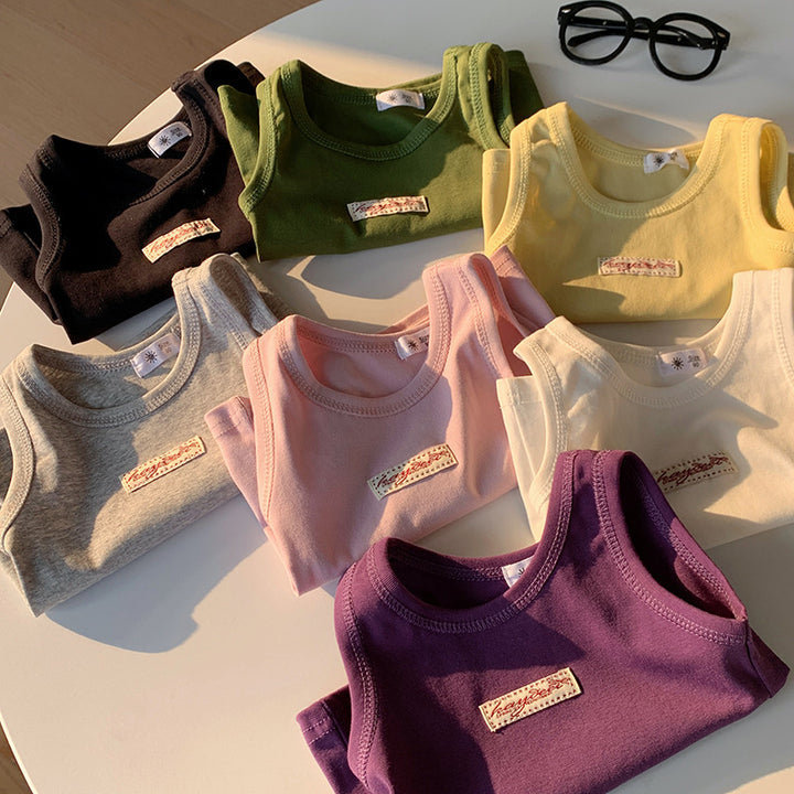 【90-150】ワンポイントワッペンノースリーブトップス