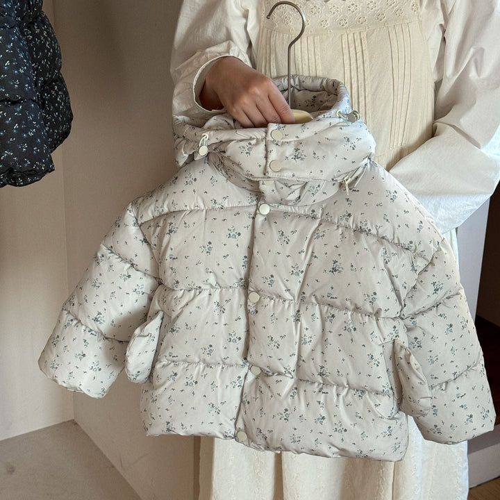 【90-140】フード付き小花柄中綿ジャケット