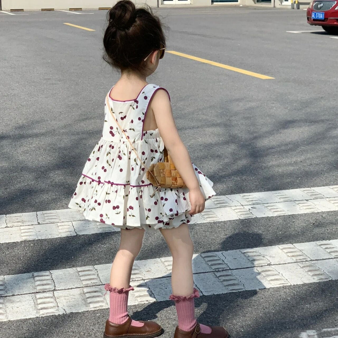 【90-140】さくらんぼ柄ノースリーブ×バルーンショートパンツセット