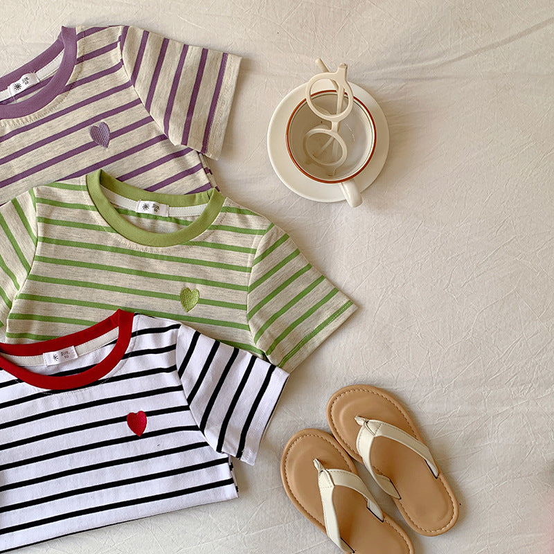 【90-150】ボーダー柄ワンポイントハートTシャツ