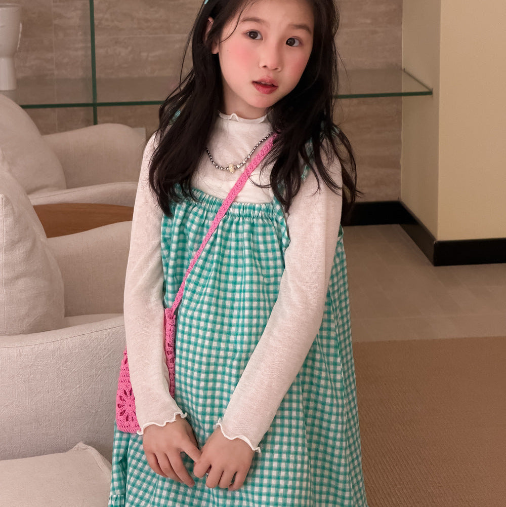 【100-150】チェック柄フリルデザインワンピース