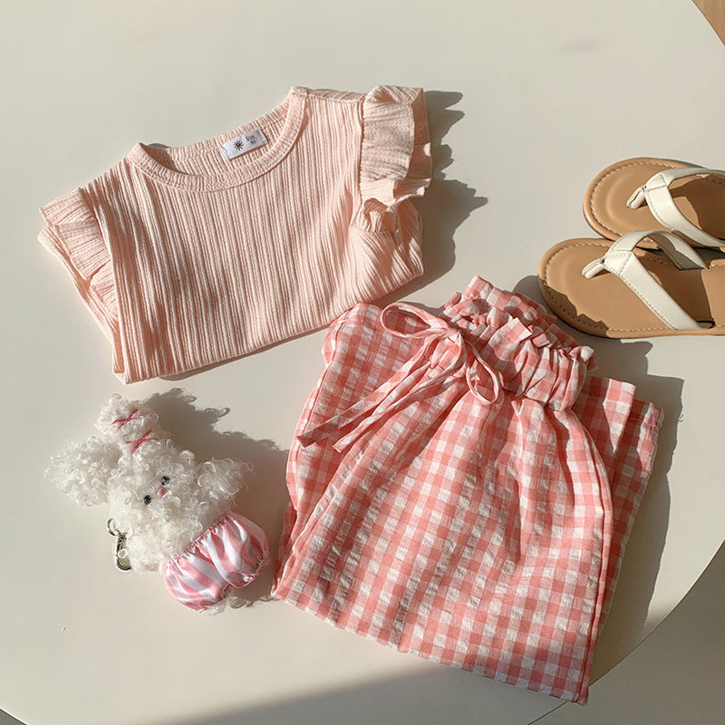 【90-140】ショルダーフリルトップス×ギンガムチェックパンツセット