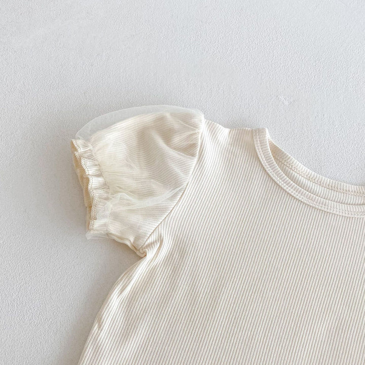 【73-100】チュールパフスリーブTシャツ×ロンパースセット