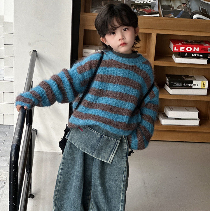【90-150】ボーダー柄ニットプルオーバー