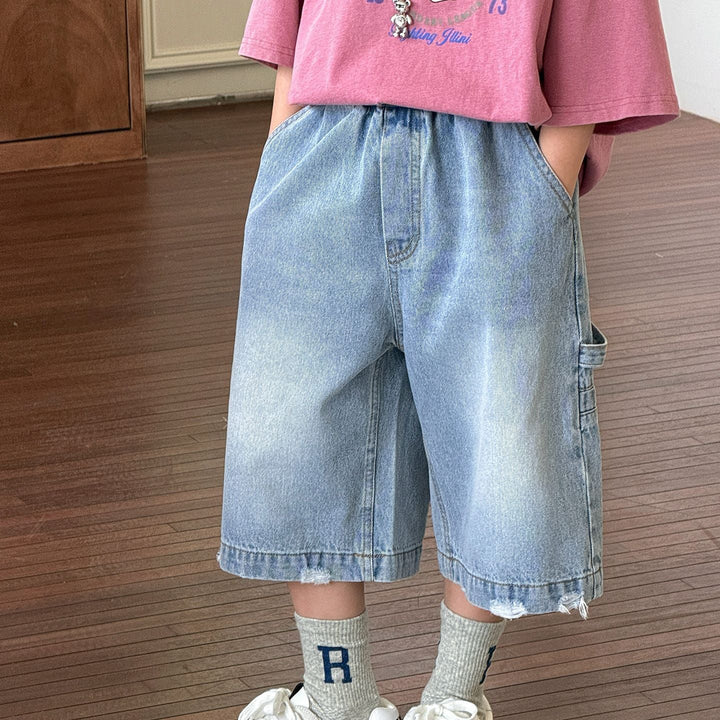 【90-150】ユーズド加工風ミドル丈ワイドデニムパンツ